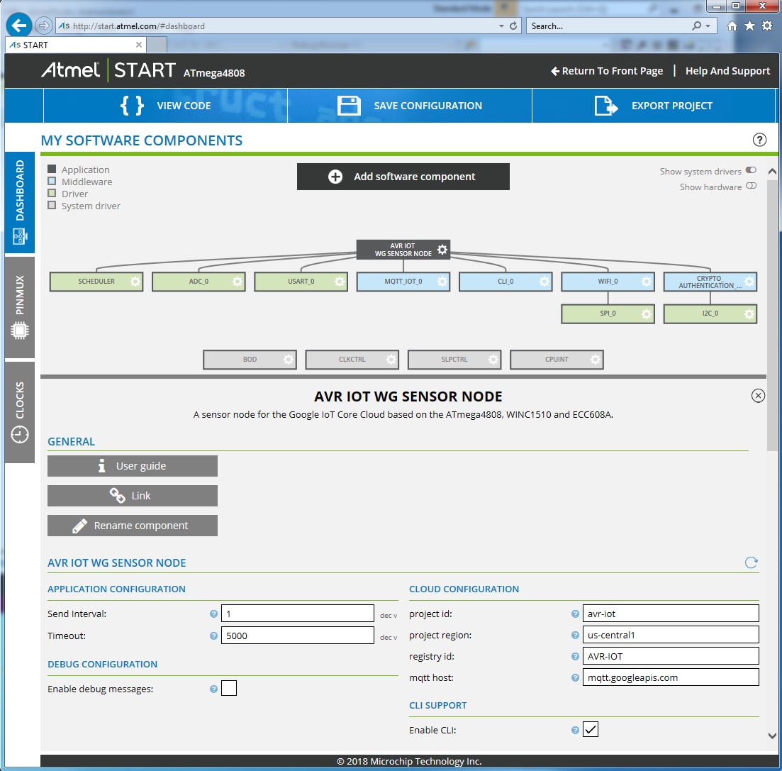 Screen capture showing the Atmel START Default Configuration Parameters for the Generated Code Project