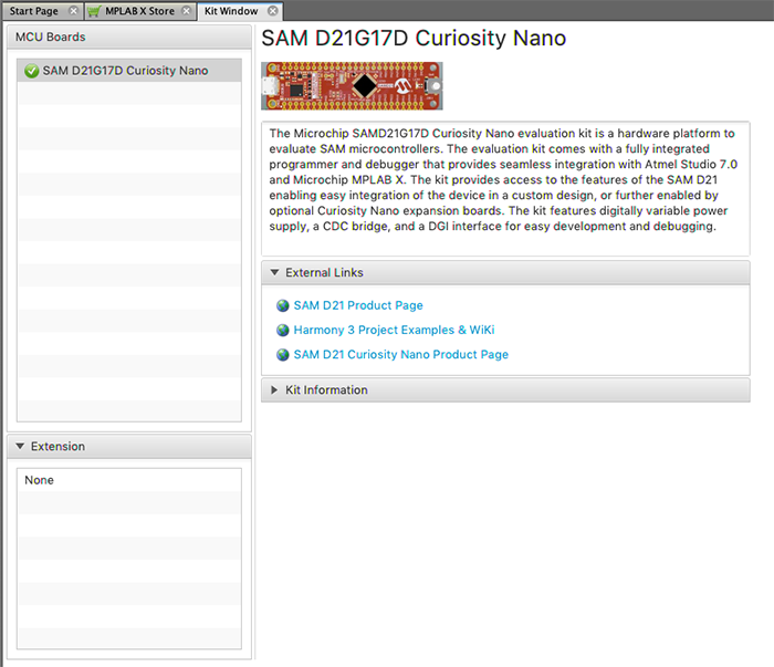 MPLAB X IDE with SAM D21 Curiosity Nano Board Detected