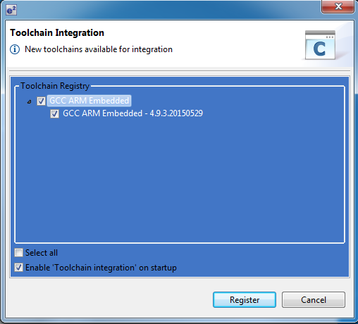 To initiate the&nbsp;e&sup2; studio registration, select the GCC ARM Embedded and Enable Toolchain integration on startup options in the Toolchain Integration dialogue box.